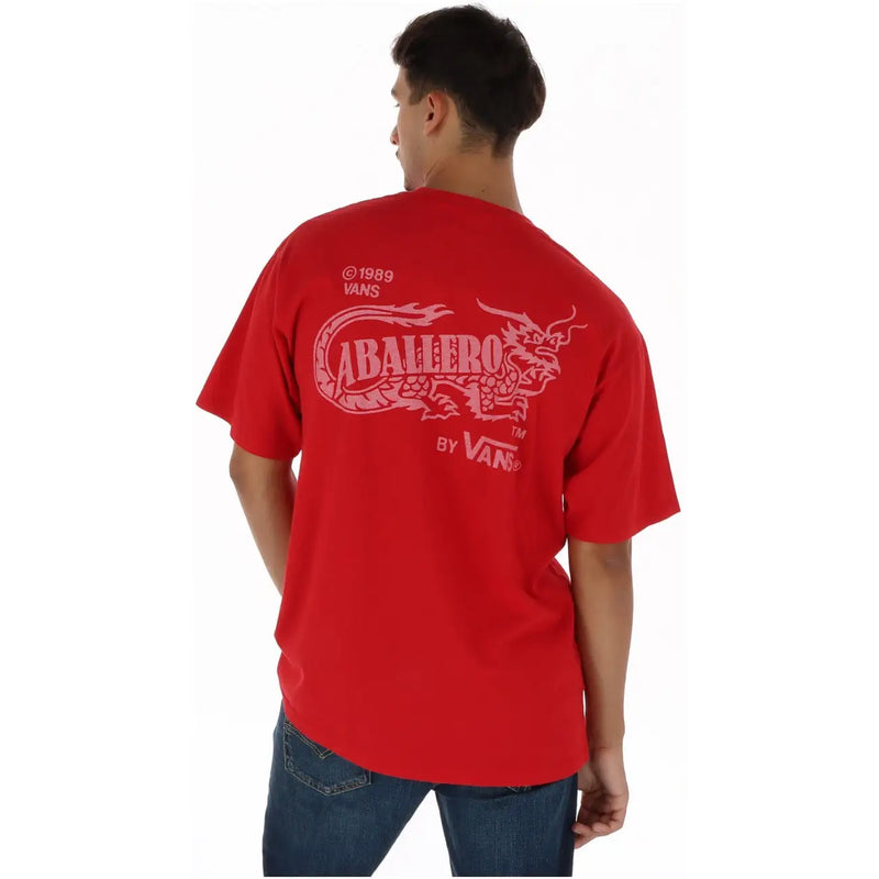 Rotes Vans Herren-T-Shirt aus Baumwolle mit Rundhalsausschnitt und einem Aballero-Drachenmotiv in leuchtendem Rot