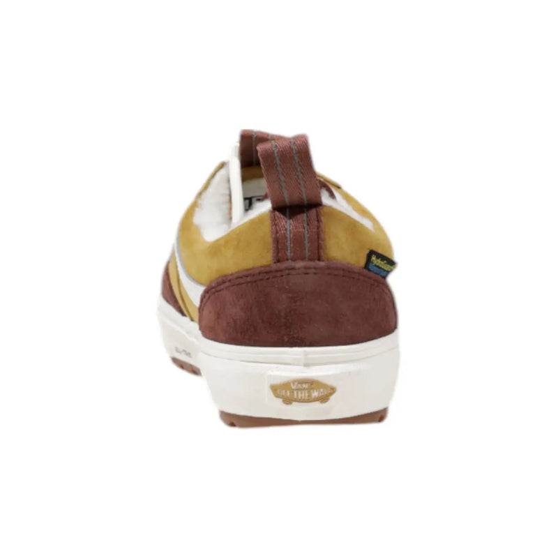 Vans women camel leather sneakers featuring brown and mustard yellow suede old skool design with white rubber sole