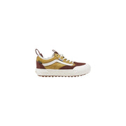 Vans women camel leather sneakers with mustard yellow and brown suede upper panels and white rubber sole