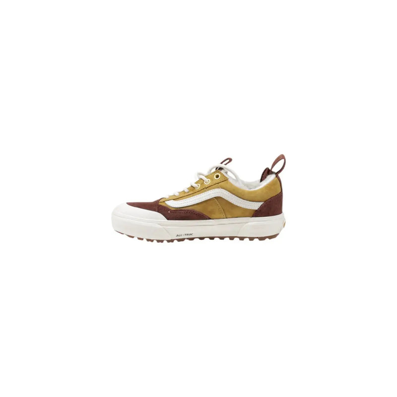 Tan and brown suede vans women camel leather all-terrain sneakers with white rubber sole and classic side stripe