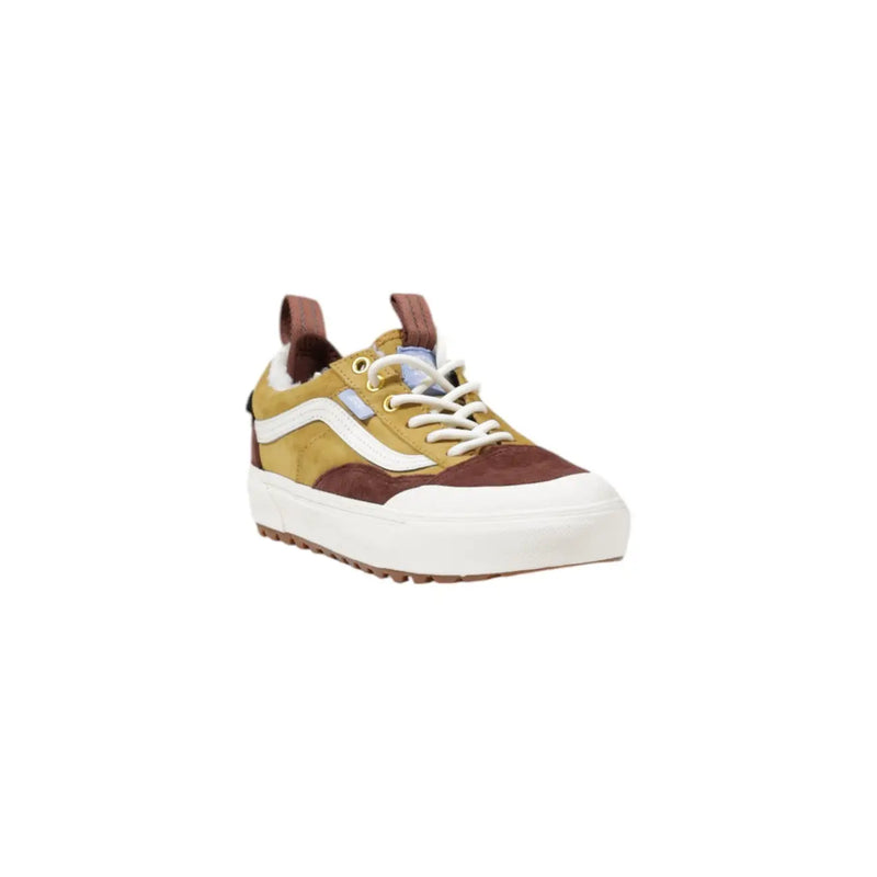 Vans women camel leather sneakers in tan and brown suede with white laces classic side stripe and chunky rubber sole