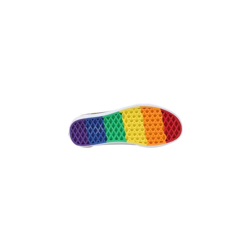 Vans women fabric sneakers black sporty slip showing rainbow-colored sole with distinctive diamond-patterned tread