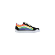 Vans women fabric sneakers black with vibrant rainbow paint splatter on side and heel white laces classic sole