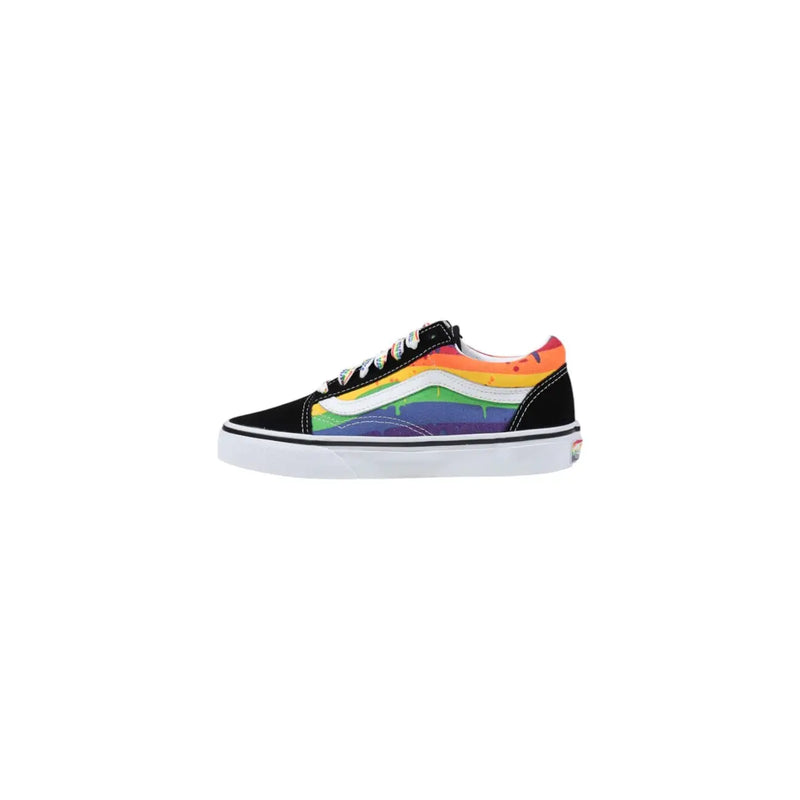 Vans women fabric sneakers black sporty slip with rainbow paint splatter design on side and heel of old skool sneaker