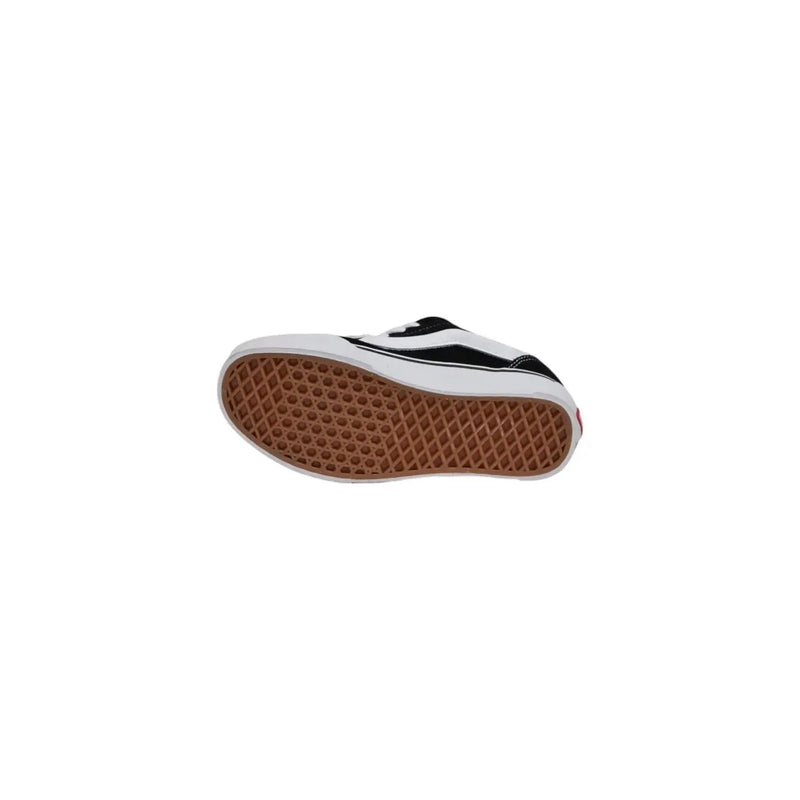 Black and white vans women leather sneakers with brown waffle rubber sole for fall wear shown from the back side