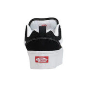Black and white vans women leather sneakers with suede upper rubber sole and red logo patch off the wall platform