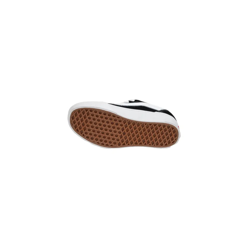 Vans women leather sneakers in black with brown rubber waffle sole and black and white skate shoe design