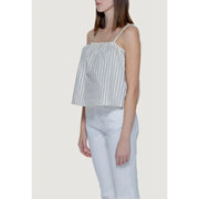 Vero Moda beige pinstripe tank top for women featuring a white and black vertically striped sleeveless design with thin straps