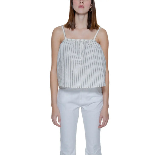 Vero moda beige pinstripe tank top for women featuring a white and navy blue vertically striped sleeveless design with thin straps