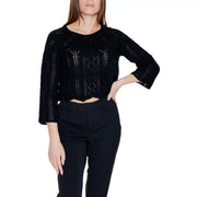 Vero moda black cotton acrylic cropped knit top with three quarter sleeves and openwork textured pattern