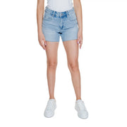 Vero Moda black light-wash denim shorts with high-rise waist and frayed hem