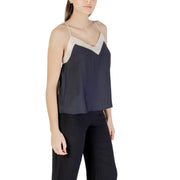 Vero Moda women top in navy blue satin with cream v-neckline and thin spaghetti straps made of viscose nylon