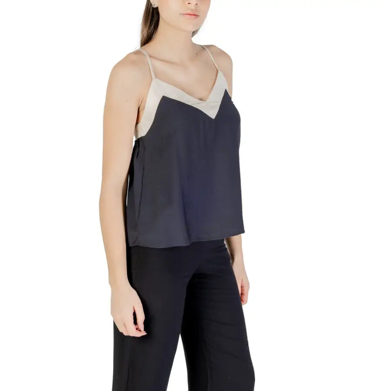 Vero Moda women top in navy blue satin with cream v-neckline and thin spaghetti straps made of viscose nylon
