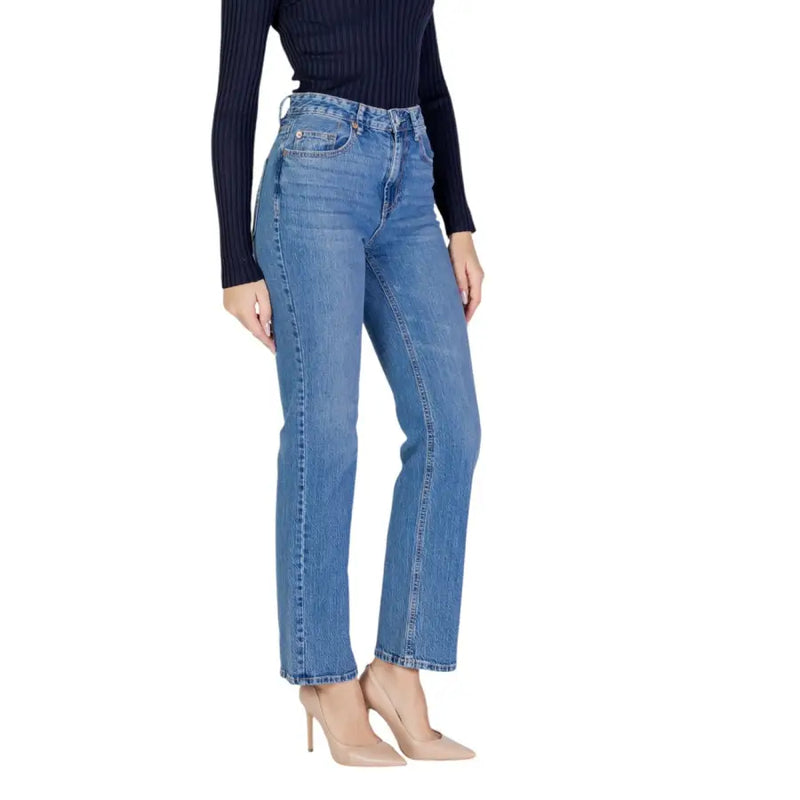 Vero Moda Blaue Damen-Jeans aus Denim mit hohem Bund, geradem Bein und mittlerer Waschung, klassischen Nähten und Used-Look
