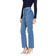 Vero Moda Blaue Damen-Jeans aus Denim mit hohem Bund, geradem Bein und mittlerer Waschung, klassischen Ziernähten und Gürtelschlaufen