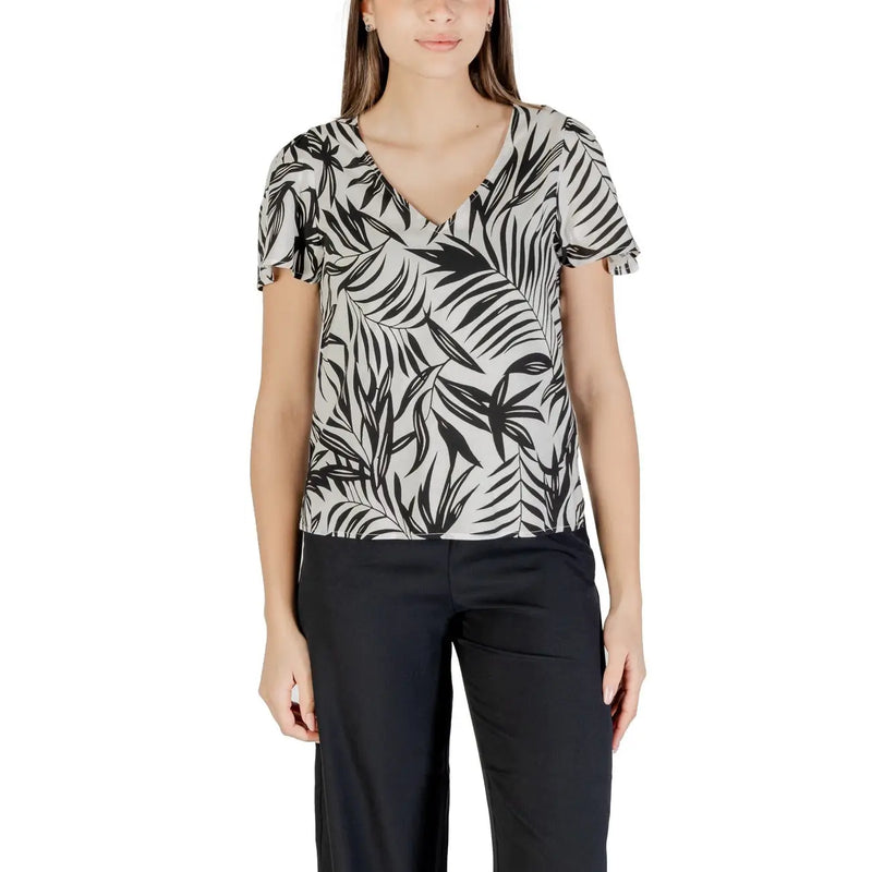 Vero Moda light blue printed viscose short sleeve blouse with tropical leaf print