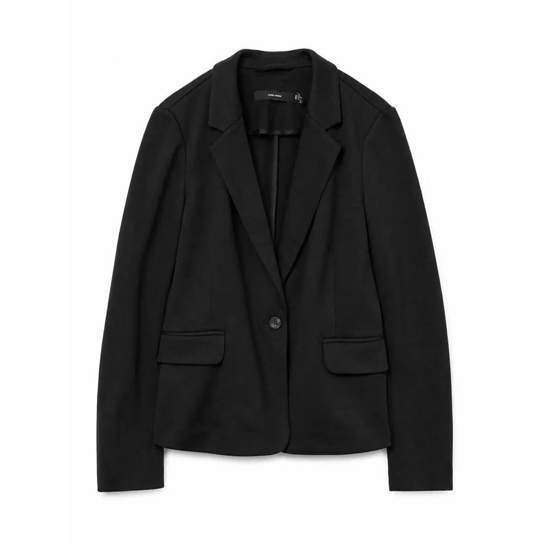 Vero moda women black cotton blazer with v neck single button and flap pockets for formal wear