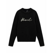 Vero moda Schwarzer Damen-Strickpullover mit Rundhalsausschnitt und funkelndem Kool-Logo, gestickt mit weißen Strasssteinen