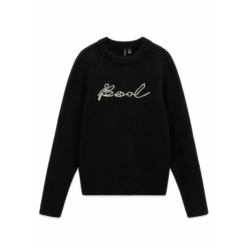 Vero moda Schwarzer Damen-Strickpullover mit Rundhalsausschnitt und funkelndem Kool-Logo, gestickt mit weißen Strasssteinen