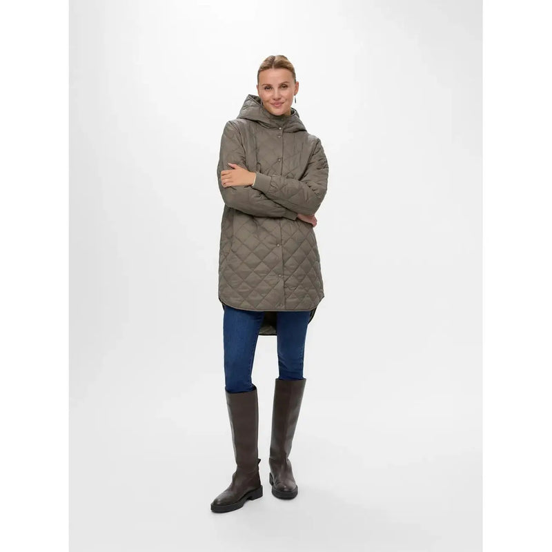 Vero Moda graue Damen-Kapuzenjacke aus Polyamid-Polyester mit gestepptem olivgrünem Mantel, Knopfleiste und langen Ärmeln