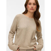 Vero moda Damen-Strickpullover in Beige mit Rundhalsausschnitt, weichem, strukturiertem Stoff und gerippten Bündchen