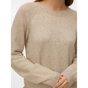 Vero Moda Beigefarbener Damenstrickpullover mit Strukturmuster, geripptem Rundhalsausschnitt und Bündchen aus weichem Material
