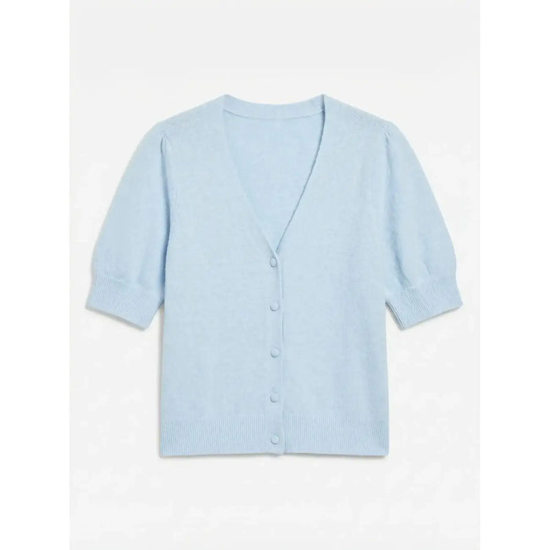 Light blue short-sleeved v neck knit cardigan with button closure made of polyester by Vero Moda women
