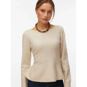 Vero Moda Damen-Strickpullover aus Polyester in Rosa mit Rundhalsausschnitt, beigefarbenen langen Ärmeln, Schößchensaum und strukturiertem Strickmuster.