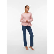 Vero Moda Damen-Strickpullover in Rosa mit Rundhalsausschnitt, weichem Polyester, langem Schößchen und langen Ärmeln