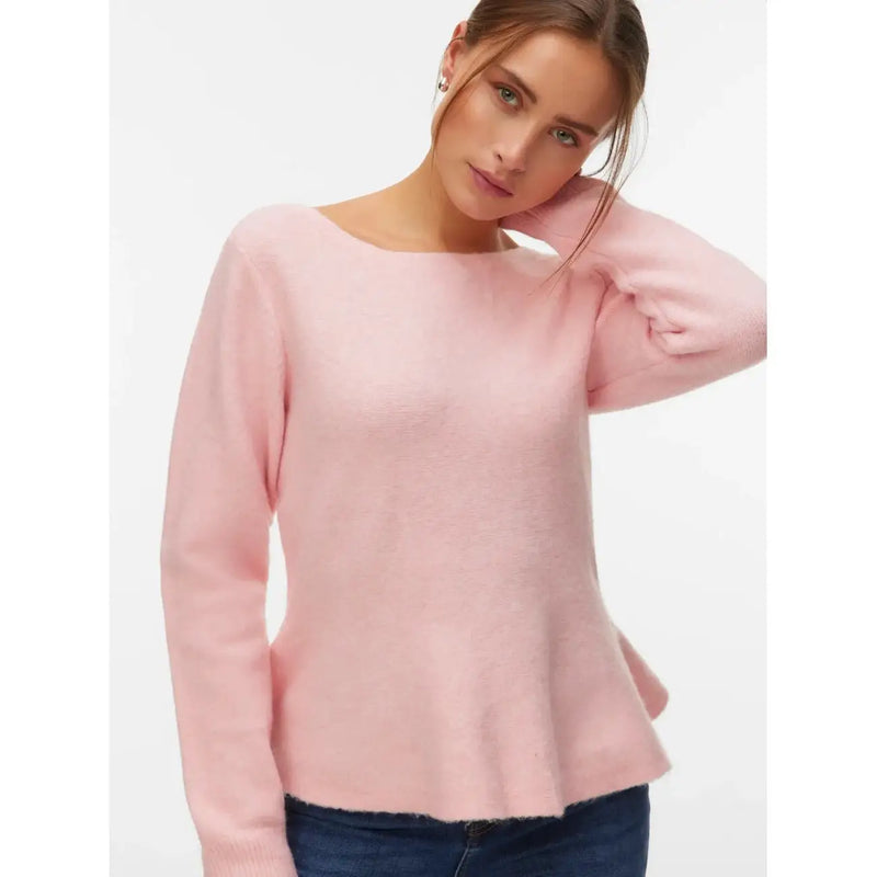 Vero Moda Rosa Damen-Strickpullover aus Polyester mit U-Boot-Ausschnitt, langen Ärmeln und Schößchensaum