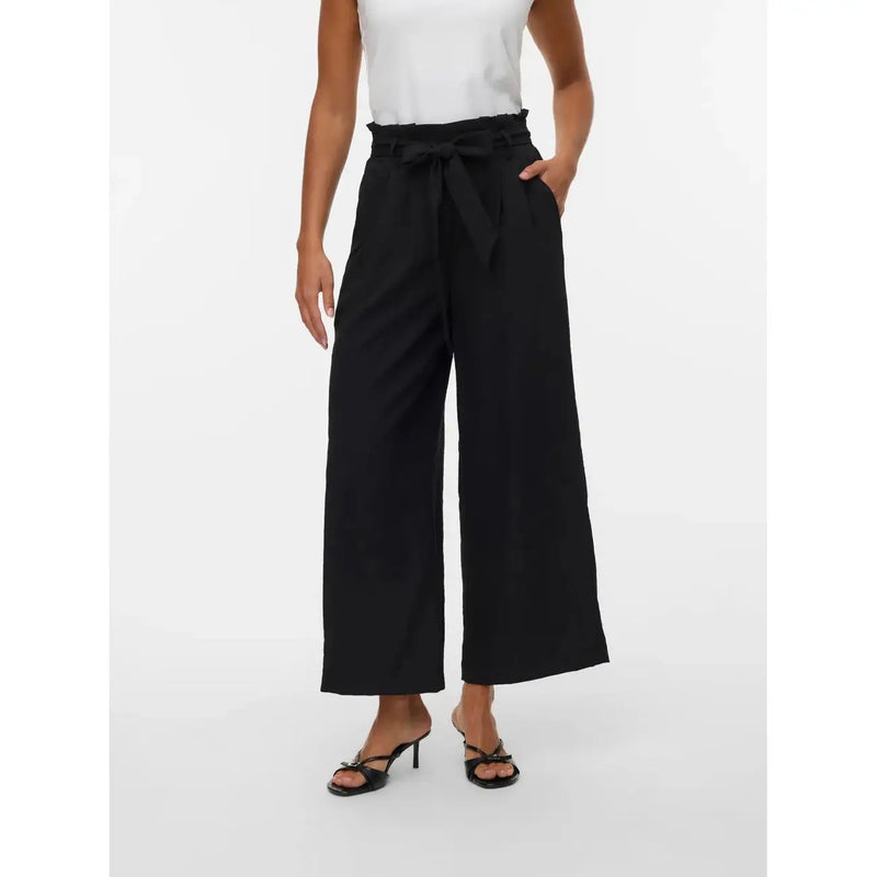 Schwarze, hochgeschnittene, weite Hose mit Bindebund aus Viskosemischung für Damen von Vero Moda