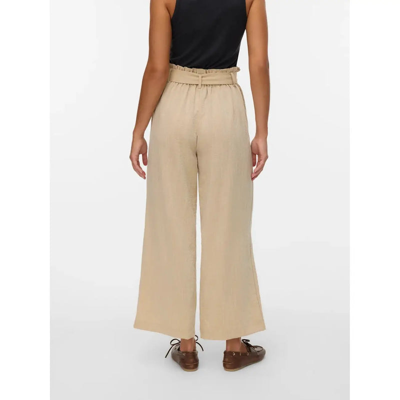 Vero Moda Beige Damenhose mit hohem Bund, weitem Bein und gerafftem Bund aus Viskosemischgewebe zum Hineinschlüpfen