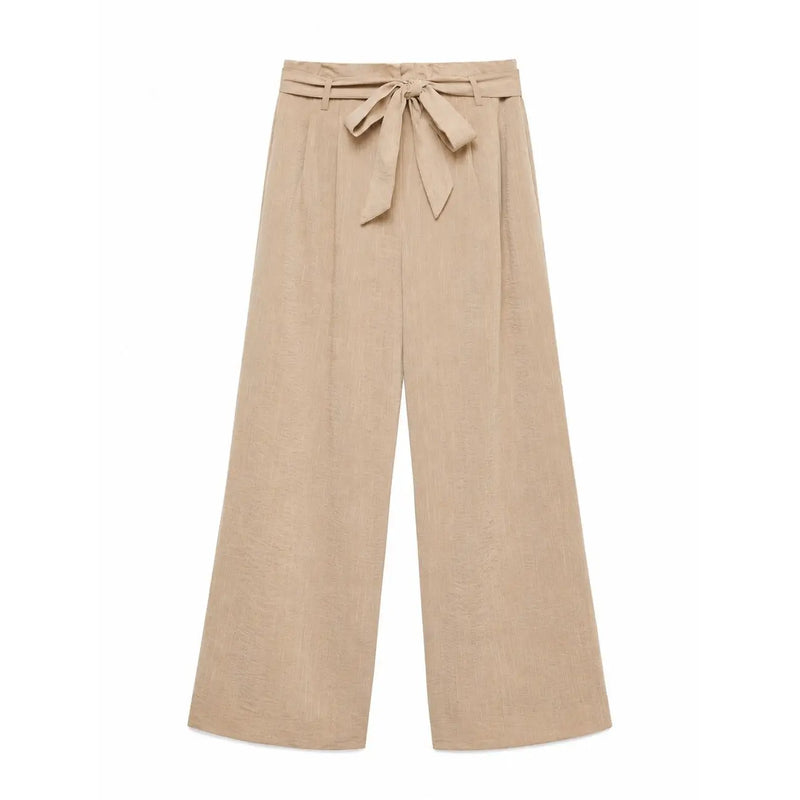Vero moda Beige Damen-Hose mit weitem Bein und Bindegürtel aus Viskosemischung zum Hineinschlüpfen