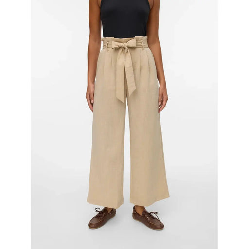 Beige high-waisted wide-leg trousers with self-tie belt slip on made of viscose blend by Vero Moda women