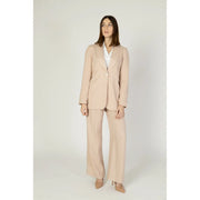 Vero Moda women’s pink linen blazer with lapel collar front pockets paired with beige linen single-button suit