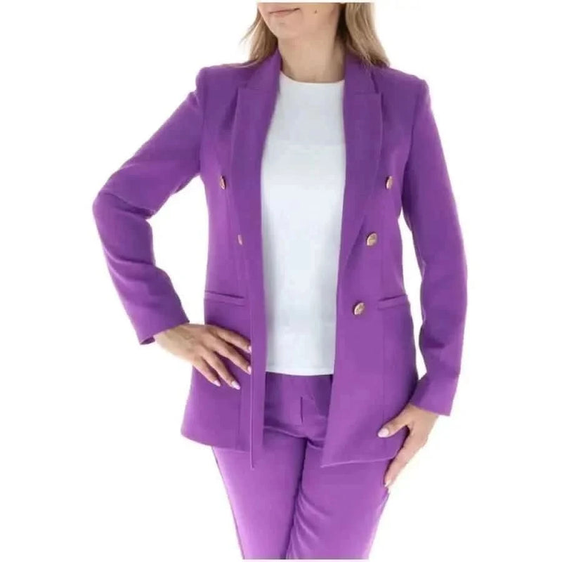 Vibrant purple women’s blazer with gold buttons over a white top by Sol Wears Women
