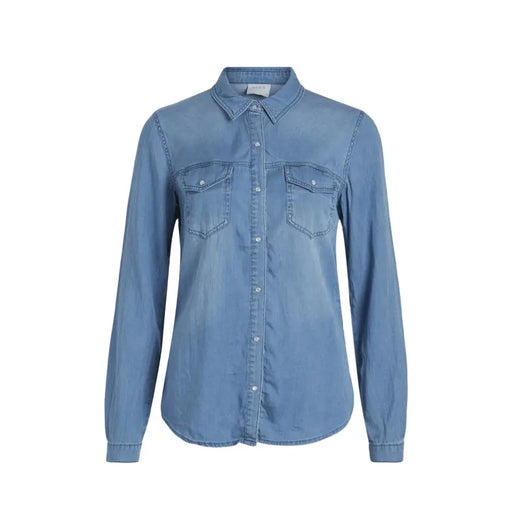 Vila light blue denim long sleeve shirt with classic collar and front pockets