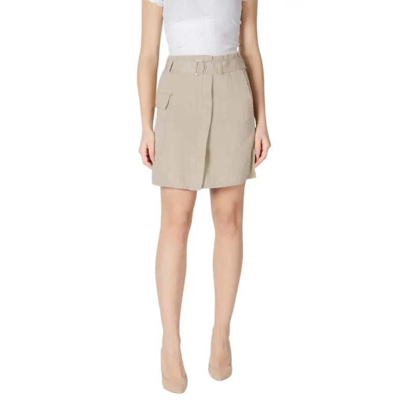 Beige vila clothes high waisted cotton skirt with silver toned buckle and side pockets for casual wear
