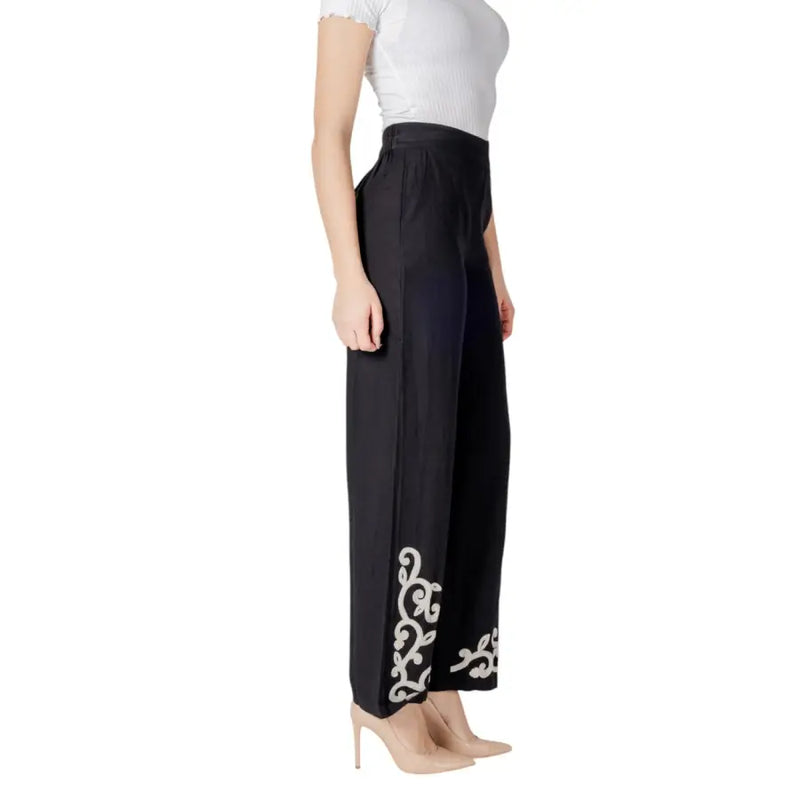 Black high-waisted wide-leg Vila Clothes cotton linen viscose trousers with elegant white embroidered floral patterns