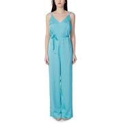 Vila Clothes women’s light blue satin jumpsuit with v-neck, thin spaghetti straps, and a matching self-tie belt
