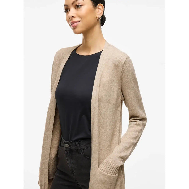 Beige knit cardigan by Vila with ribbed cuffs, pockets, and viscose blend material for women