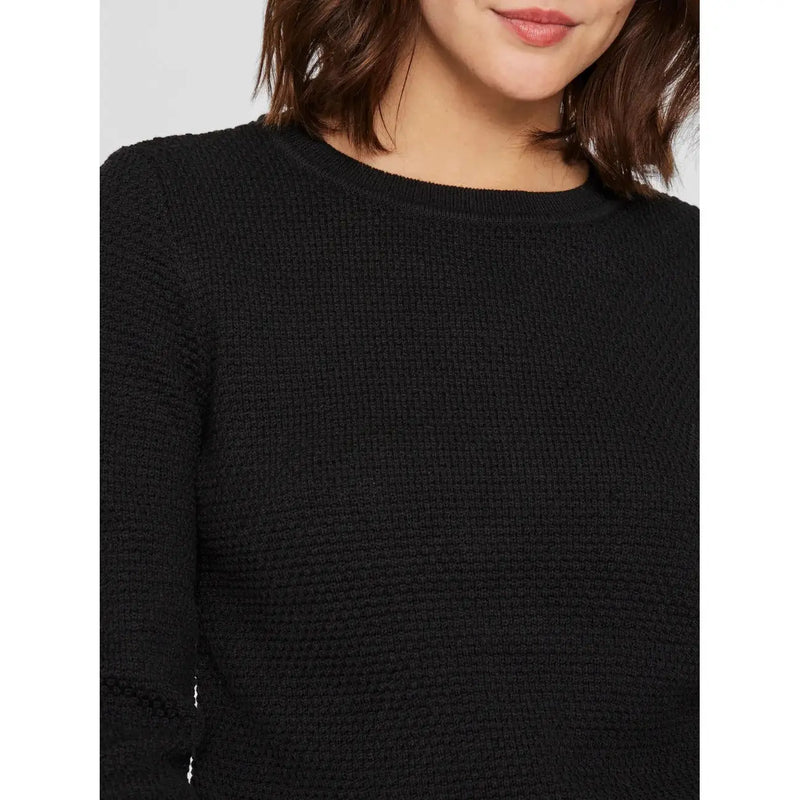 Schwarzer, strukturierter Vila Damen-Strickpullover aus Baumwolle mit Rundhalsausschnitt, langen Ärmeln und weichem Stoff für den Alltag.
