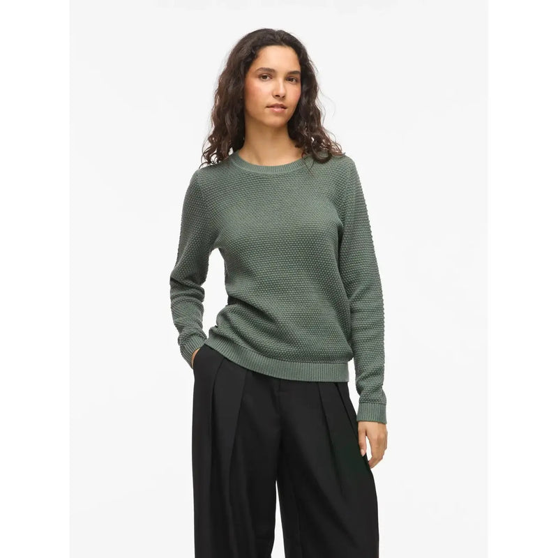 Vila Damen-Baumwollstrickwaren, schwarzer Rundhals-Pullover, langer olivgrüner Strukturstrickpullover mit Rundhalsausschnitt und gerippten Bündchen