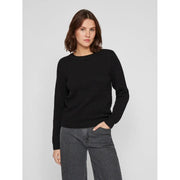 Schwarzer, gerippter Strickpullover aus Baumwolle von Vila für Damen mit Rundhalsausschnitt und langen Ärmeln