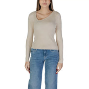 Beige geripptes Langarmshirt top mit Rundhalsausschnitt aus Viskose und Nylon aus der weißen Damenstrickkollektion von Vila