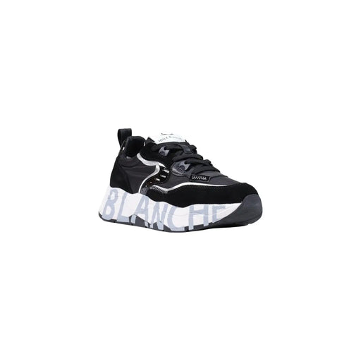 Voile blanche Damen-Sneaker aus schwarzem Wildleder mit klobiger Sohle und auffälligem blanche-Schriftzug auf der Rückseite