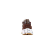 Voile blanche women brown suede sneakers slip with white chunky sole bold silver lettering and tan rubber outsole