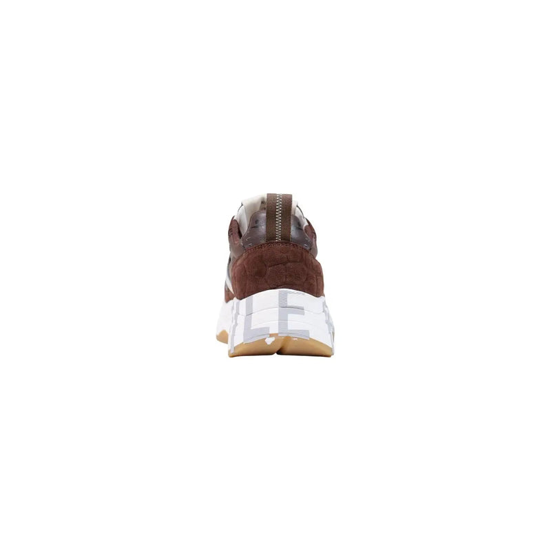 Voile blanche women brown suede sneakers slip with white chunky sole bold silver lettering and tan rubber outsole