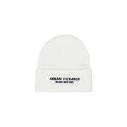 White Armani Exchange beanie displayed on a product labeled Armani Exchange Black Knit Beanie