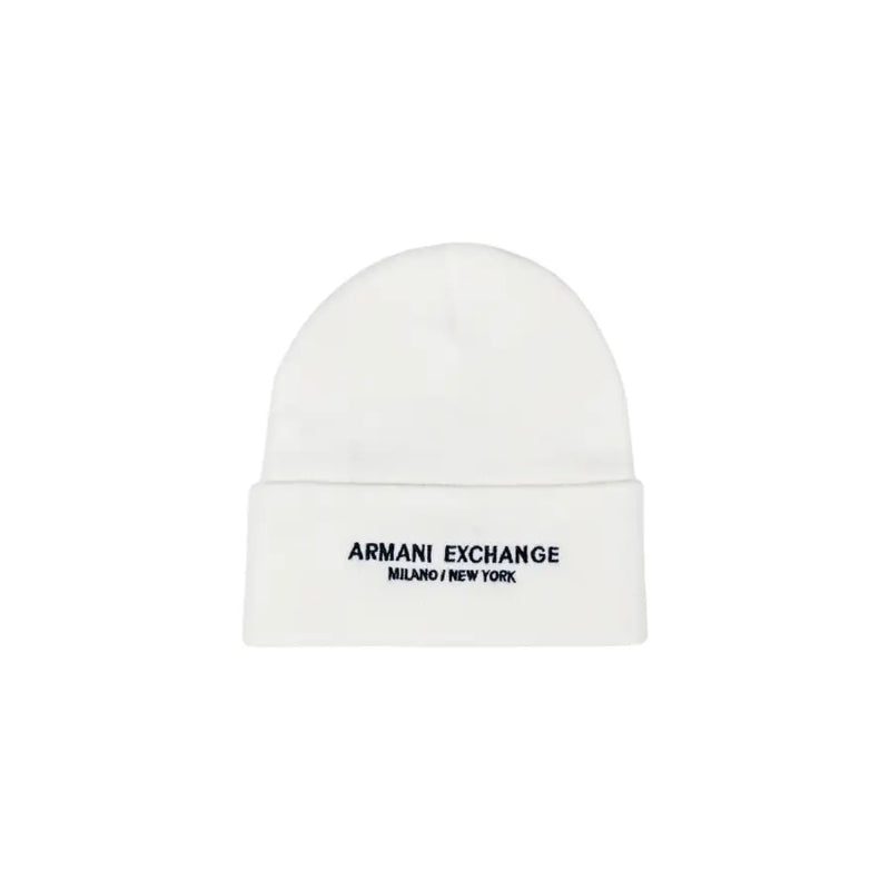 White Armani Exchange beanie displayed on a product labeled Armani Exchange Black Knit Beanie